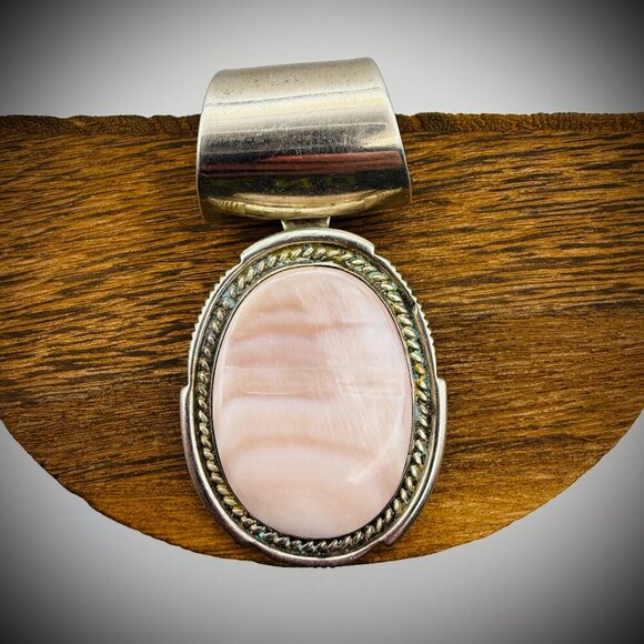 Navajo Sterling Silver Pendant by Phil Zachary – Pink Mother of Pearl, 2.5” - Picture 1 of 3